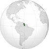 Map of southern hemisphere, South America. Showing location of Guyana.